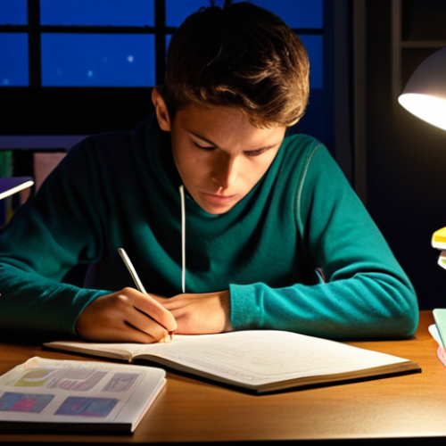 **A student intensely studying for the OAB exam at night, surrounded by books, colorful notes, and flashcards, illuminated by a focused desk lamp.** (Captures the essence of late-night study sessions and the tools used.)