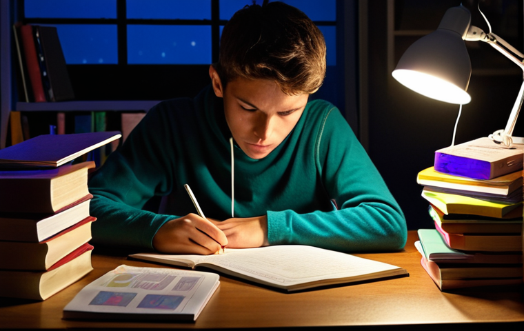 **A student intensely studying for the OAB exam at night, surrounded by books, colorful notes, and flashcards, illuminated by a focused desk lamp.** (Captures the essence of late-night study sessions and the tools used.)