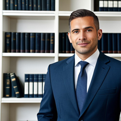 Home 21 Business Professional**
"A professional lawyer in a modest tailored suit, standing confidently in a modern law office with bookshelves in the background, fully clothed, appropriate attire, safe for work, perfect anatomy, natural proportions, professional photography, high quality, well-formed hands, proper finger count, professional."
**