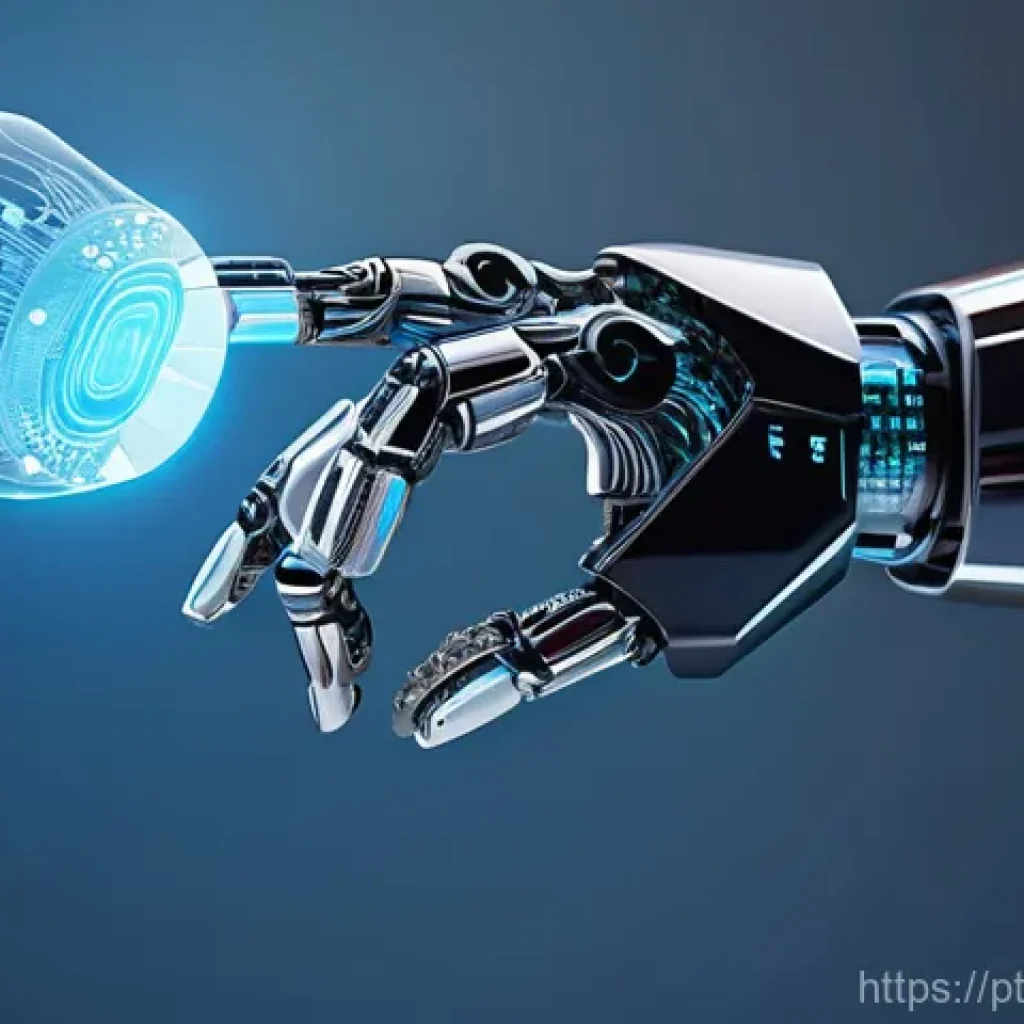 변리사와 관련된 국내외 동향 - A futuristic, sleek robotic hand, glowing with soft blue digital light, delicately holds a holograph...