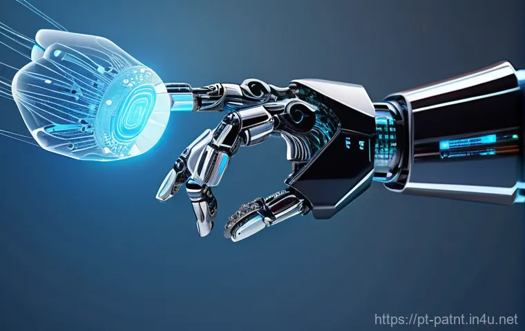 변리사와 관련된 국내외 동향 - A futuristic, sleek robotic hand, glowing with soft blue digital light, delicately holds a holograph...