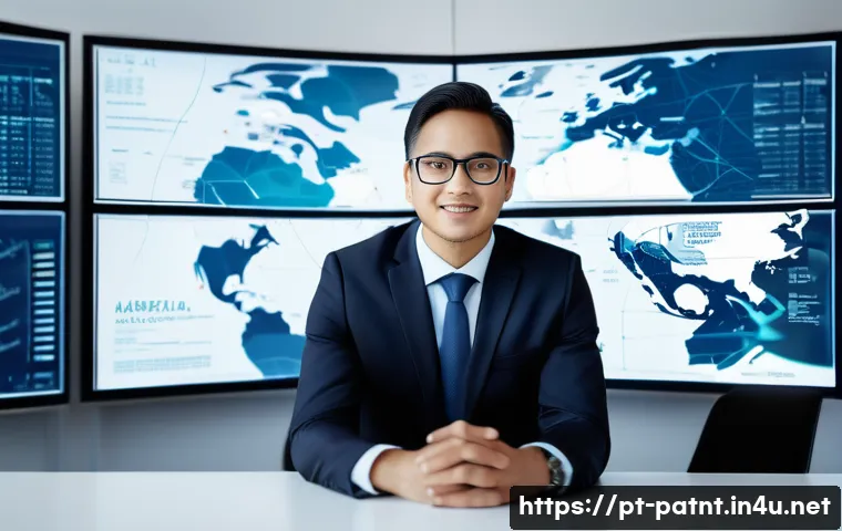 변리사와 국제 분쟁 해결 - A professional international intellectual property lawyer in a modern office setting, surrounded by ...
