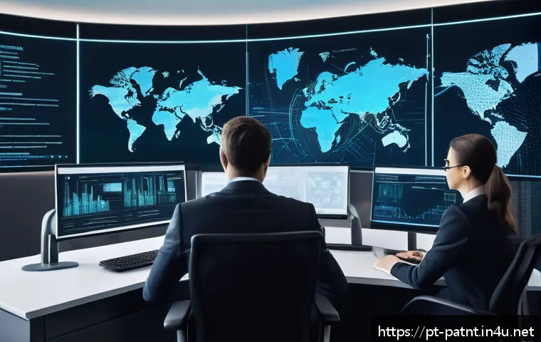 변리사 직무와 AI 기술 - A modern law office scene featuring a diverse group of professionals using advanced AI-powered paten...