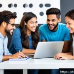 Home 23 변리사 시험 준비자 커뮤니티 - A vibrant online study community scene featuring a diverse group of young adults engaging actively i...