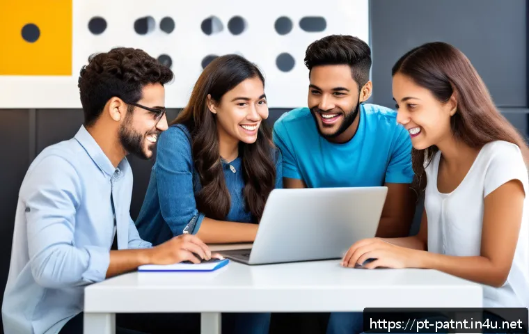변리사 시험 준비자 커뮤니티 - A vibrant online study community scene featuring a diverse group of young adults engaging actively i...